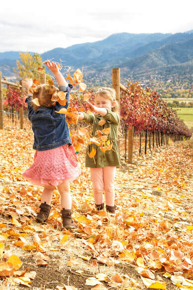 Photo of girls playing in the fallen leaves at Dana Campbell Winery in Ashland, Oregon